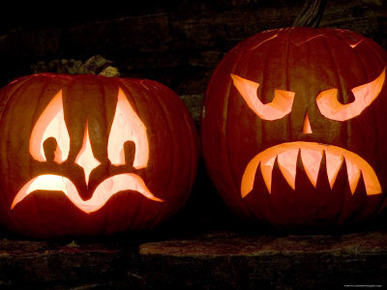 Closeup of Carved, Lit Pumpkins, Lexington, Massachusetts