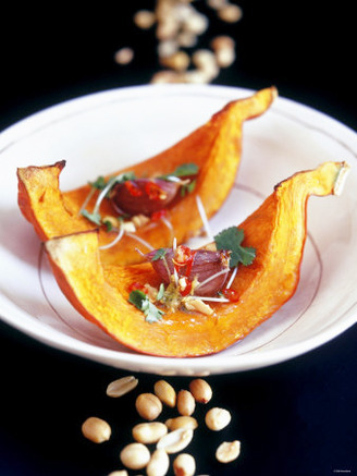 Baked Pumpkin Wedges with Peanut and Garlic Dressing