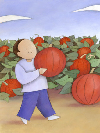 Man Walking with Pumpkin from Patch