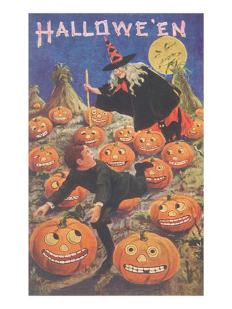 Boy Fleeing Witch and Leering Pumpkins