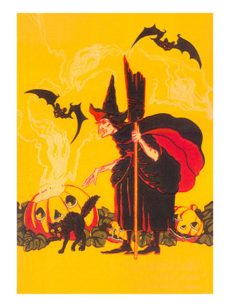 Witch with Goblin Emerging from Pumpkin
