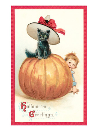 Baby with Black Kitten on Pumpkin