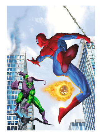 Spider-Man and Green Goblin Fighting in the City; Throwing Flaming Pumpkin