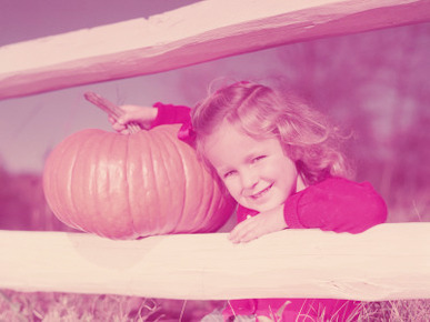 Girl Smiling, Holding Pumpkin, Leaning Against White Wooden Fence