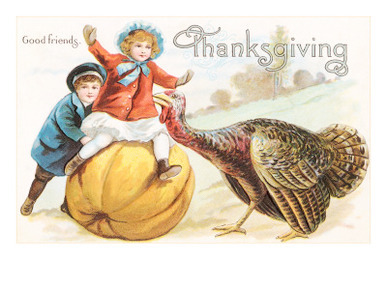 Greetings, Children with Turkey and Pumpkin